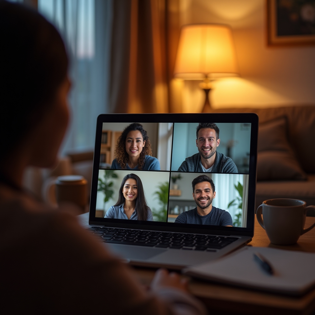 Grup mic urmărind o întâlnire online de seară pe ecranul unui laptop