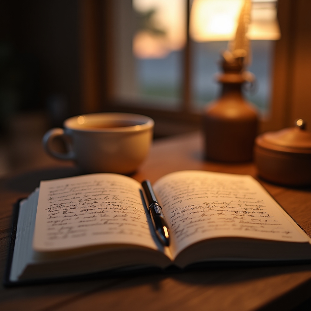Jurnal deschis cu notițe de scriere reflectivă și o cană alături, lumină caldă de seară