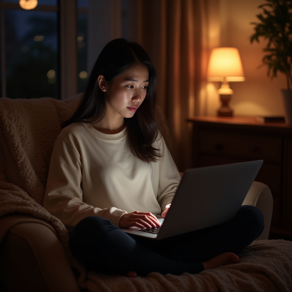 Persoană urmărind o întâlnire online de seară pe laptop, într-o cameră luminată cald
