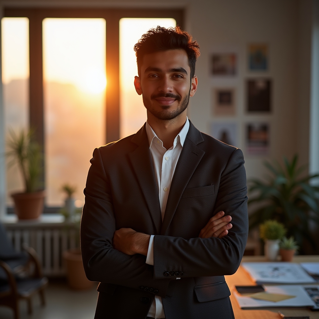 Facilitator de program privind încrezător spre cameră într-un spațiu de lucru modern, seara